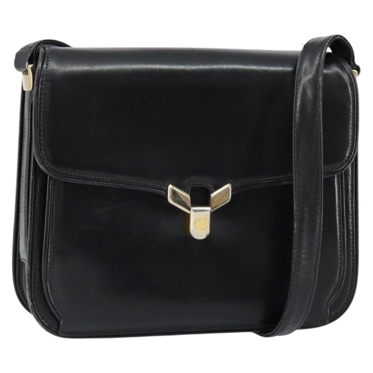 Gucci Shoulder Bag Leather Black Gold Auth Ep11854